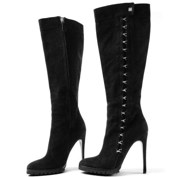 Versace Shoes - Versace black suede knee-high boots with a sleek stiletto heel and a lug sole